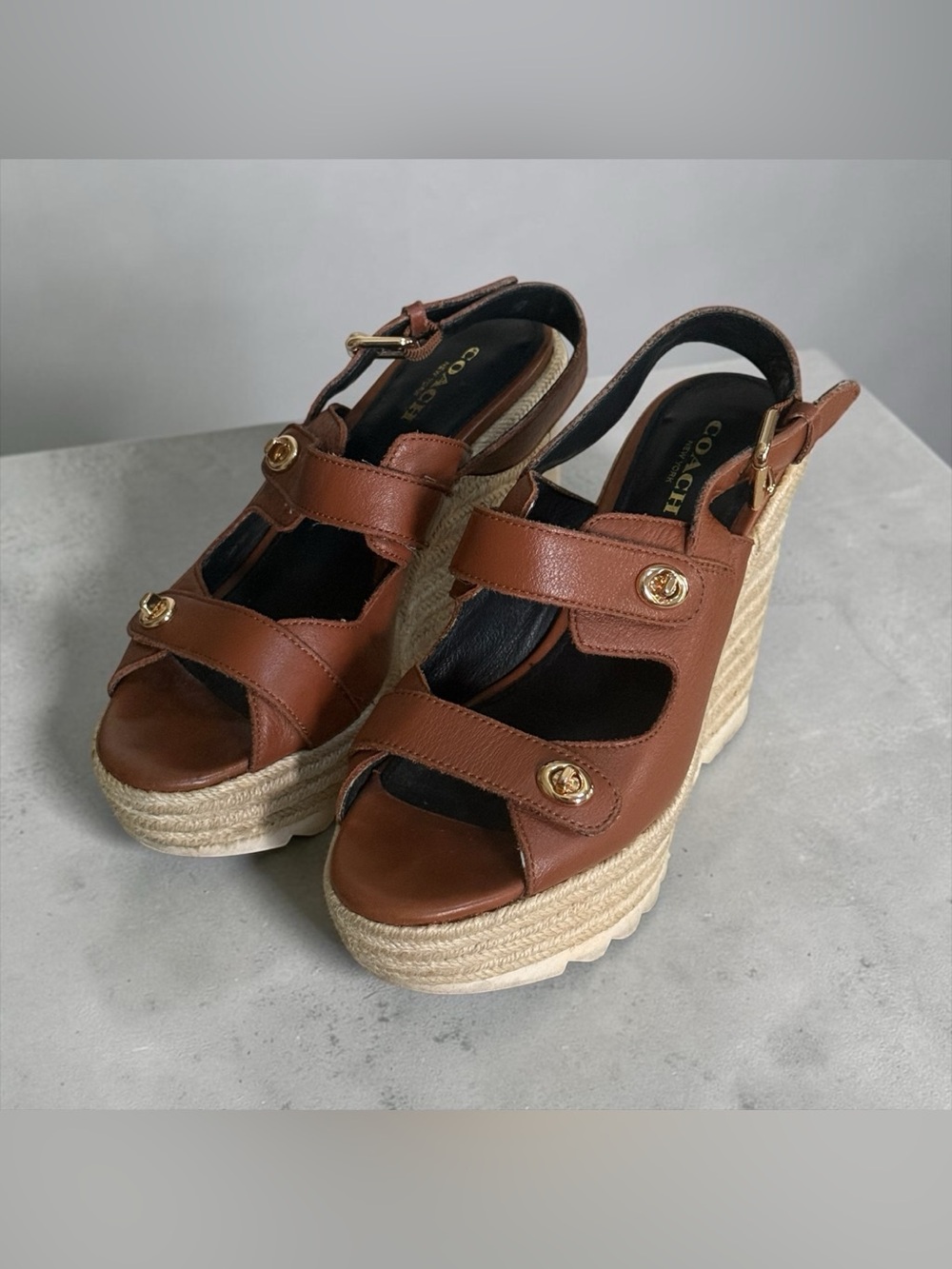 Coach Cognac Brown Leather Espadrille Platform Wedge Sandals! Size 6 EUC!! - Picture 2 of 13